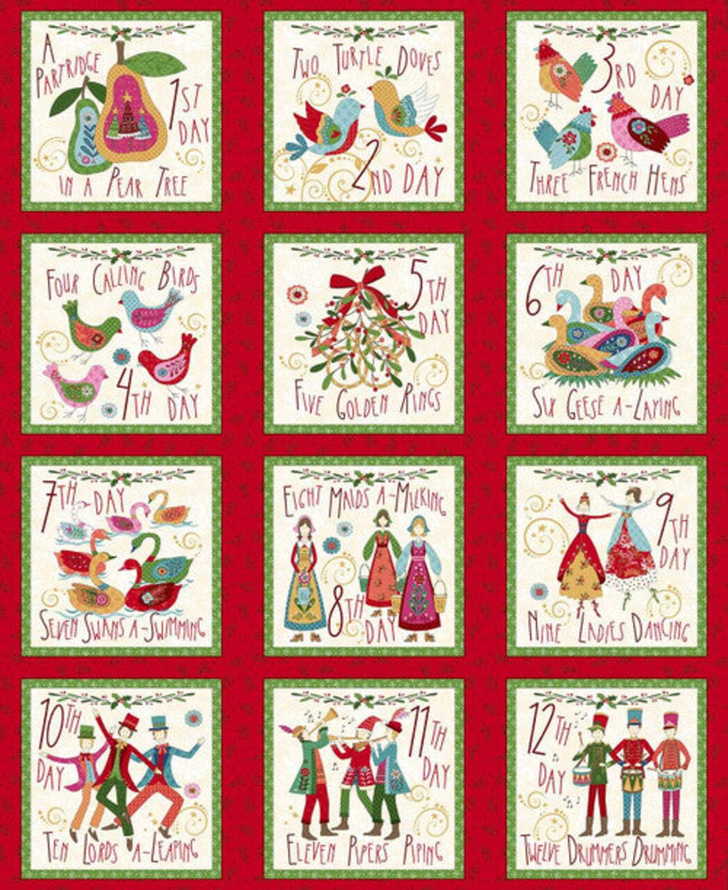 Fabric Henry Glass Red 12 Days of Christmas Scandinavian Holiday Block Panel 3458-88